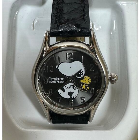 Vtg Armitron Peanuts Snoopy & Woodstock Water Resistant Watch Black Leather NEW main image 5